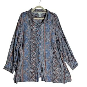 Catherines Longsleeve Button Front Top Size 3X 100% Cotton Mixed Pattern